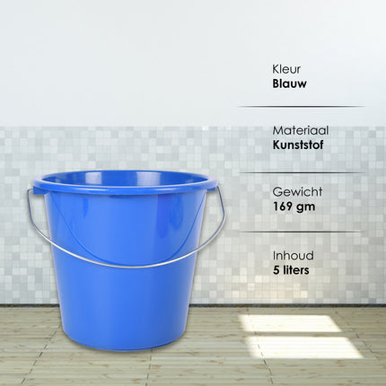 Blauwe Emmer van 5 Liter Kunststof met Stevige IJzeren Handgreep - Optimaal voor Bouwprojecten - 30x23 cm