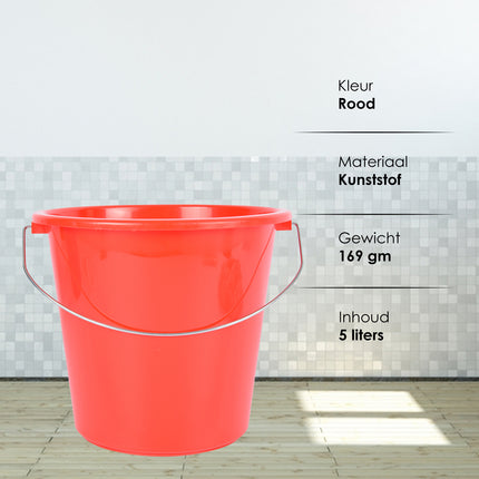 Handige Bouwemmer Rood 5L Kunststof 20x23 cm met IJzeren Handgreep - Voor Thuis en Tuin