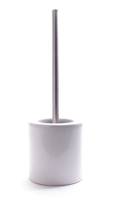 Premium Witte Porseleinen Toiletborstelhouder met RVS Toiletborstel - 40x16cm - Glans Wit | Duurzame en Moderne Glanzende Borstel Houder met WC Borstel | Toilet Borstel in Ronde Houder