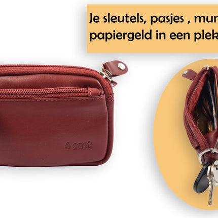 Autosleutel RFID Antidiefstal Sleutel Etui- RFID ALLEEN JE PASJES - Hoesje Sleuteletui portemonnees - portemonnee etui - ring portemonnee - pasjeshouder met rits - rits portemonnee - 3 ritsen portemonnee - buffelleer -4E-009-bordeaux rood