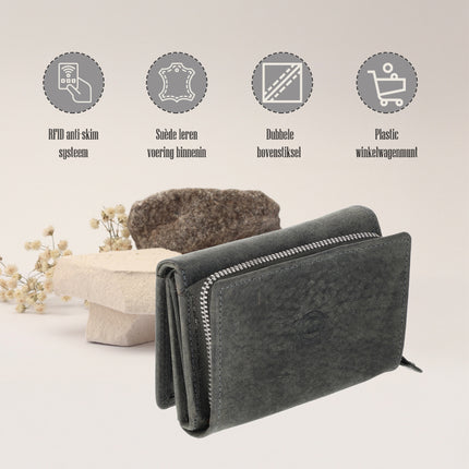 Overslag Portemonnee Dames & Heren | Echt Leren Portemonnee met RFID | 11 Pasjeshouder | Portefeuille Cadeau voor Hem & Haar | 12.5x8.5 cm - Grijs