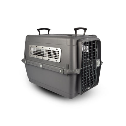 Stevige Draagbox | Transport Bench Hond | 80cm x 65.5cm x 56cm | Donkergrijs | 2 Handvaten | Deur met Draaivergrendeling | 2 Verwijderbare Bakjes | Ventilatie Opening | Kunststof/Metalen