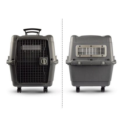 Stevige Draagbox | Transport Bench Hond | 80cm x 65.5cm x 56cm | Donkergrijs | 2 Handvaten | Deur met Draaivergrendeling | 2 Verwijderbare Bakjes | Ventilatie Opening | Kunststof/Metalen