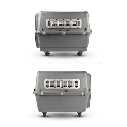 Stevige Draagbox | Transport Bench Hond | 80cm x 65.5cm x 56cm | Donkergrijs | 2 Handvaten | Deur met Draaivergrendeling | 2 Verwijderbare Bakjes | Ventilatie Opening | Kunststof/Metalen