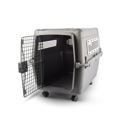 Stevige Draagbox | Transport Bench Hond | 80cm x 65.5cm x 56cm | Donkergrijs | 2 Handvaten | Deur met Draaivergrendeling | 2 Verwijderbare Bakjes | Ventilatie Opening | Kunststof/Metalen