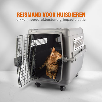 Stevige Draagbox | Transport Bench Hond | 80cm x 65.5cm x 56cm | Donkergrijs | 2 Handvaten | Deur met Draaivergrendeling | 2 Verwijderbare Bakjes | Ventilatie Opening | Kunststof/Metalen
