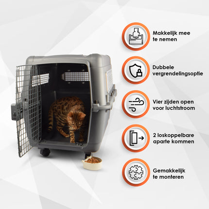 Stevige Draagbox | Transport Bench Hond | 80cm x 65.5cm x 56cm | Donkergrijs | 2 Handvaten | Deur met Draaivergrendeling | 2 Verwijderbare Bakjes | Ventilatie Opening | Kunststof/Metalen