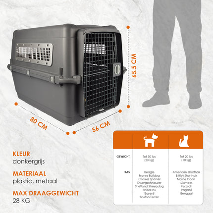 Stevige Draagbox | Transport Bench Hond | 80cm x 65.5cm x 56cm | Donkergrijs | 2 Handvaten | Deur met Draaivergrendeling | 2 Verwijderbare Bakjes | Ventilatie Opening | Kunststof/Metalen