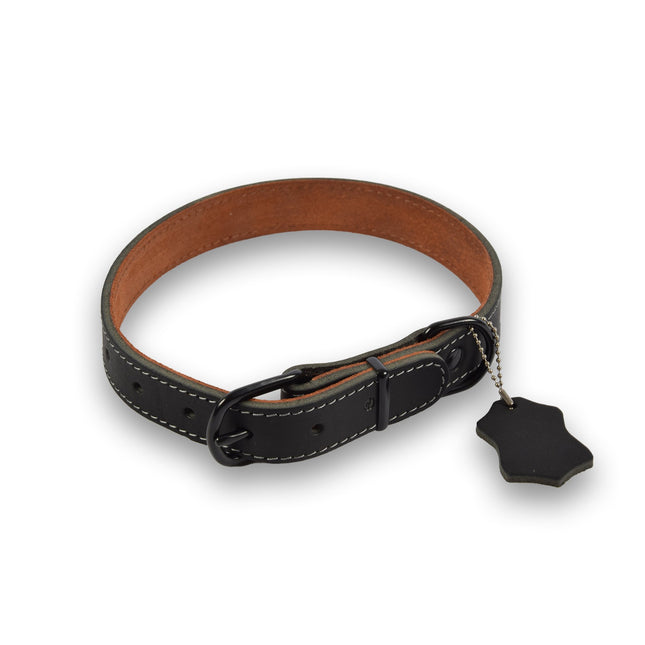 Verstelbare Halsband Hond en Kat - Zwart - Echte Leder - Maat L - 2.5cm Breed