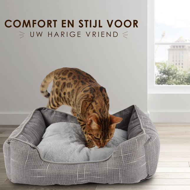 Comfortabel Rechthoek Hondenmand en Kattenmand | Lichtgrijs | 50cm x 40cm x 16 cm met Antislip Bodem | Ergonomisch Dubbelzijdig Kussen en Verhoogde Randen Voor Middelgrote Honden en Katten 