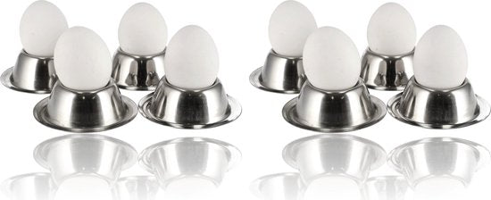 Eierdopjes RVS Set van 8 | Stapelbare Zilveren Eierdopjes met Voet | Voor Zachtgekookte en Hardgekookte Eieren | Ø 8,5cm, H 3,5cm