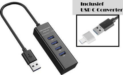 Discountershop® USB 3.0 Hub - 4 Poorten - Inclusief USB C Converter - USB Splitter - Zwart