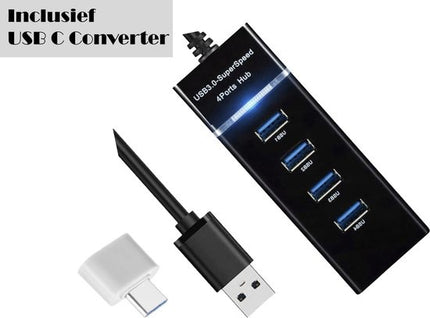 Discountershop® USB 3.0 Hub - 4 Poorten - Inclusief USB C Converter - USB Splitter - Zwart