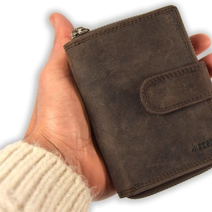 Portemonnee Heren & Dames -  Bruin Leren Portemonnee met 7 Pasjeshouder - RFID Bescherming - Portemonnee met Rits - Buffelleer - 13.5x10cm
