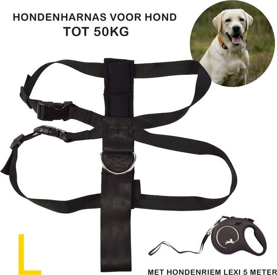 Flexi Hondenriem En Hondenharnas Set | Maat L | 5 Meter Lange Hondenriem | Zwart Comfortabel Remsysteem | Stevige Tape | Geschikt Voor Honden Tot 50kg | Hondenharnas Van Nylon | Verstelbaar Met Klikgesp