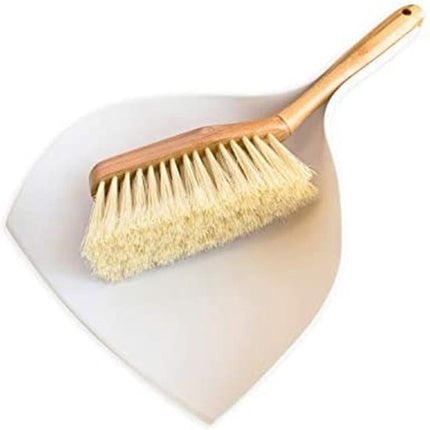 Luxe Set Stoffer en Blik Bamboe|veeggarnituur bamboe Duurzaam beige 37x25cm| Afwasborstel - keukenborstel - rond handvat 10xØ7cm 80gr|afwasborstel & zeepdispenser 25 cm wit 2-delig