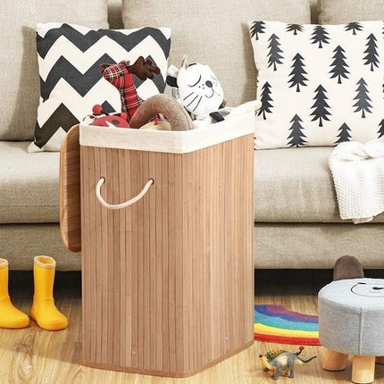 Wasmand bamboe | Linnen | Opvouwbaar | Opbergmand | Laundry basket | Mand voor wasgoed | Met deskel | Met handvaten | Inclusief waszak | Natuurlijk hout | 60L | 40x30x50cm