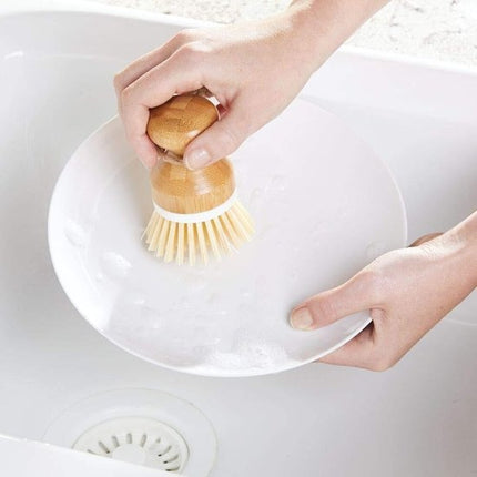 Luxe Set Stoffer en Blik Bamboe|veeggarnituur bamboe Duurzaam beige 37x25cm| Afwasborstel - keukenborstel - rond handvat 10xØ7cm 80gr|afwasborstel & zeepdispenser 25 cm wit 2-delig