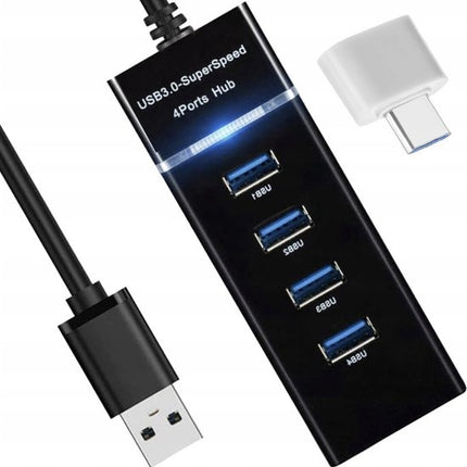 Discountershop® USB 3.0 Hub - 4 Poorten - Inclusief USB C Converter - USB Splitter - Zwart