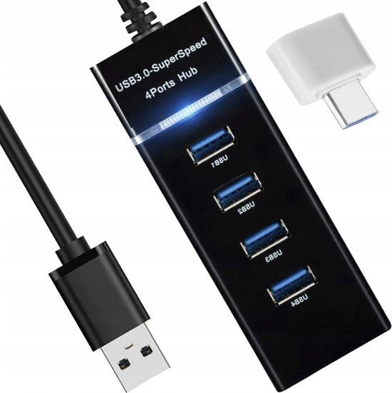 Discountershop® USB 3.0 Hub - 4 Poorten - Inclusief USB C Converter - USB Splitter - Zwart