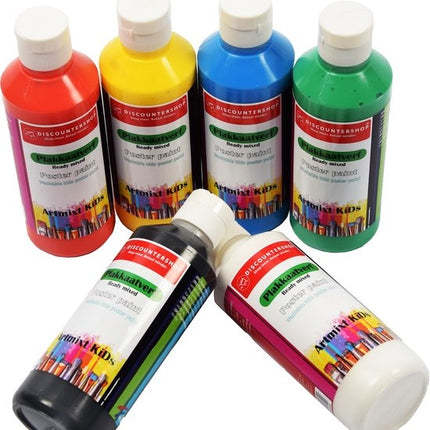 Plakkaat- plakkaatverf Discountershop - Plakkaat verf Basic waterbasis 6 stuks 250 ML - plakkaatverf uitwasbaar Plakkaatverf kinderen plakkaatverf op hout
