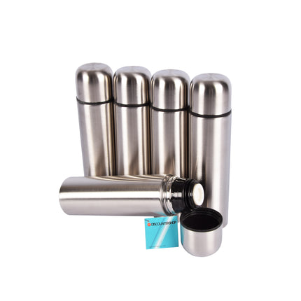 Thermosfles 500ml | Zilver | 6.5cm x 6.5cm x 24.5cm | RVS Thermosfles | Roestvrij Staal en Rubber | 5 Delige | Houdt tot 24 Uur Koud | Lekvrij en Vaatwasserbestendig Thermosfles voor Kinderen en Werk 