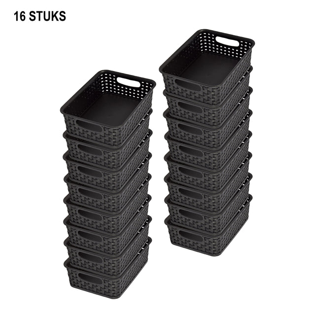 Set van 16 Multifunctionele Zwarte Opbergmandjes (20cm x 15cm x 6cm) - Ideaal voor Badkamer, Keuken & Kantoor 