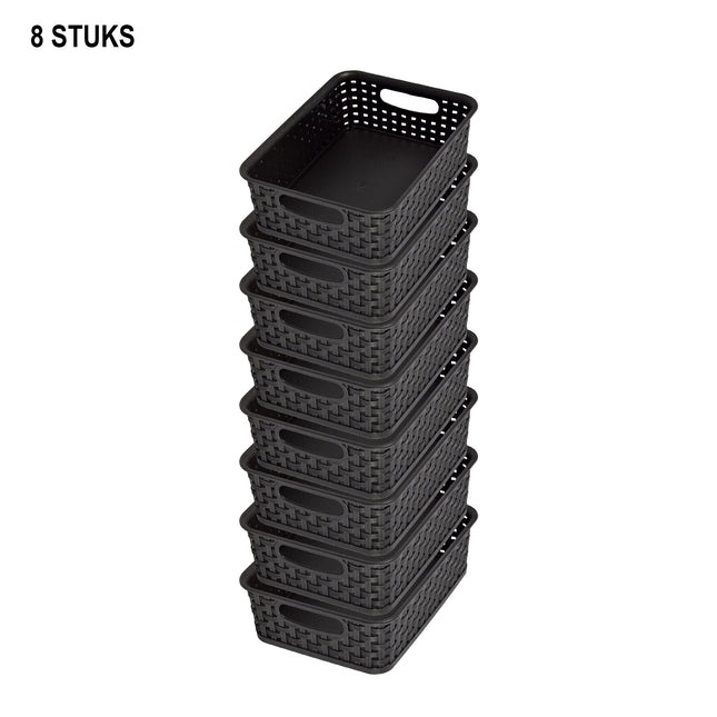 Set van 8 Zwarte Manden met Handvatten - Ruime Opslag - 20cm x 15cm x 6cm