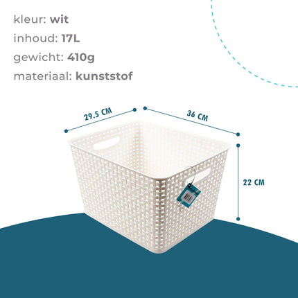 Ruime Kunststof Opbergmanden Set van 2 | Witte Mand Zonder Deksel | 36cm x 29.5cm x 22cm | 17L | Opberger voor Speelgoed | Opbergboxen voor Elke Kamer | Stijlvolle Opbergmandjes voor Stressvrij Organisatie 