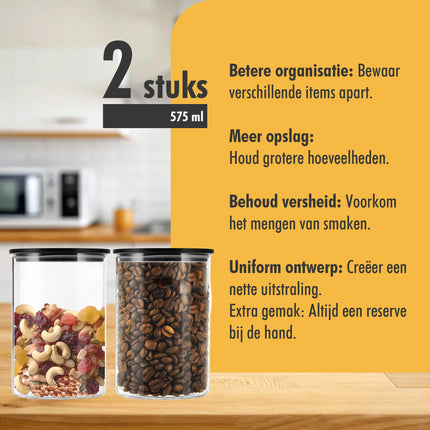 Glazen Voorraadpotten - Set van 2 - 575ml Elk | BPA-vrij | Opbergcontainers met Luchtdicht Bamboe Deksel