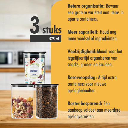 Glazen Voorraadpotten - Set van 3 - 575ml | BPA-vrij Voorraadbussen | Luchtdicht Bamboe Deksel