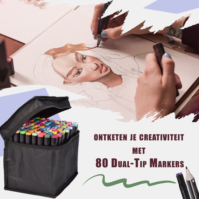 Multikleur Twinmarkers | 80 stuks Markeerstiften met Dubbele Punten Voor Creatief-Knutselen Voor Kinderen en Volwassenen | Professionele Tekenstiften Voor Schetsen Notities Strips en Kleurboeken | Alcohol Markers voor Kunstliefhebbers