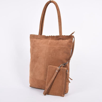 Suéde Shopper,Shopper met een sleutelhanger van 4EAST, Leer shopper met kleine portemonnee Suéde Akko 4east Bruin