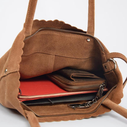 Suéde Shopper,Shopper met een sleutelhanger van 4EAST, Leer shopper met kleine portemonnee Suéde Akko 4east Bruin