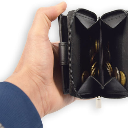 Compacte Leren Rits Portemonnee | Nappa leer | heren/dames portemonnee | betaalbare Portefeuille van echt Leer -duurzaam ruim en veilig | Anti Skim |zwart - Unisex - heren portemonnees