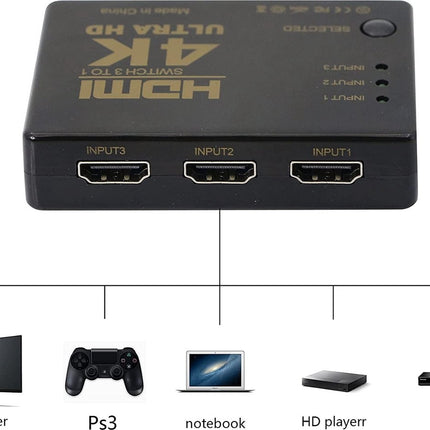 HDMI Switch Splitter 3 in 1 Out HDMI Switch Selector 3-poorts box met IR-afstandsbediening HDMI 1.4 HDCP-ondersteuning 4K Ultra HD 3D 3840/2160P/1080P