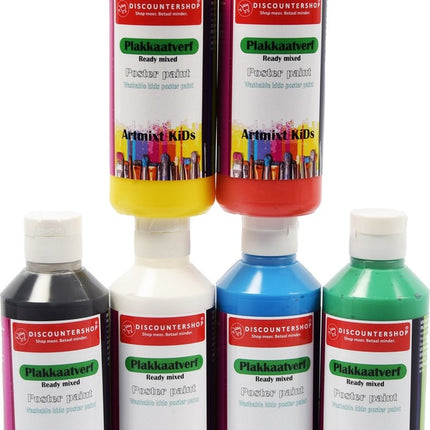 Plakkaat- plakkaatverf Discountershop - Plakkaat verf Basic waterbasis 6 stuks 250 ML - plakkaatverf uitwasbaar Plakkaatverf kinderen plakkaatverf op hout