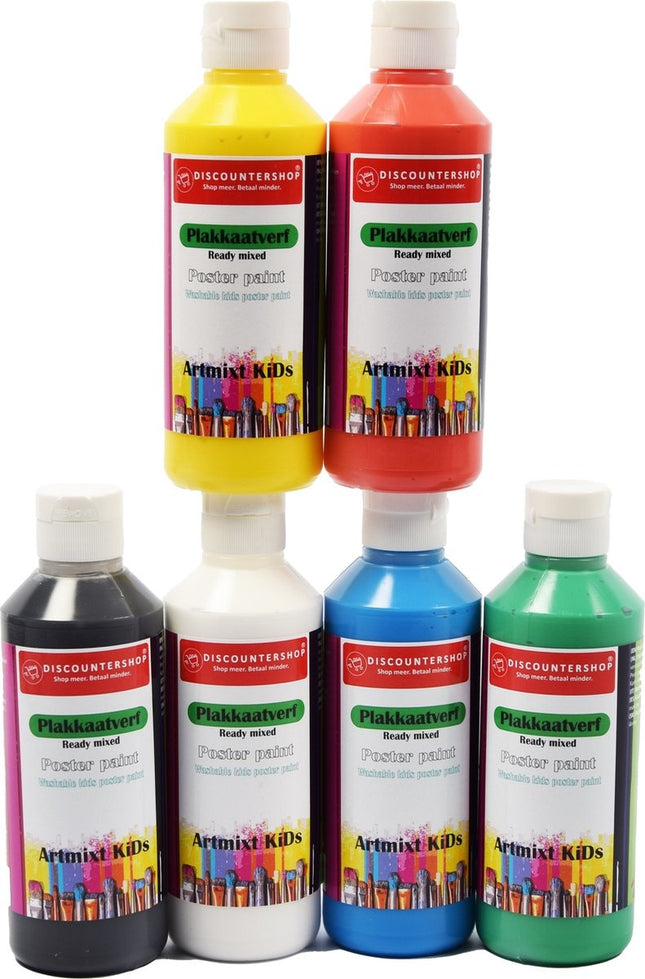 Plakkaat- plakkaatverf Discountershop - Plakkaat verf Basic waterbasis 6 stuks 250 ML - plakkaatverf uitwasbaar Plakkaatverf kinderen plakkaatverf op hout