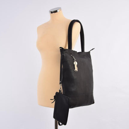 Shopper met sleutelhanger en natuurlijk inclusief portemonnee, Leren Shopper Haifa 4east zwart