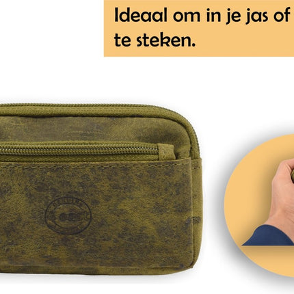 Autosleutel RFID Antidiefstal Sleutel Etui- RFID ALLEEN JE PASJES - Hoesje Sleuteletui portemonnee - portemonnee etui - ring portemonnee - pasjeshouder met rits - rits portemonnee - 3 ritsen portemonnee - buffelleer -4E-009 -Olive