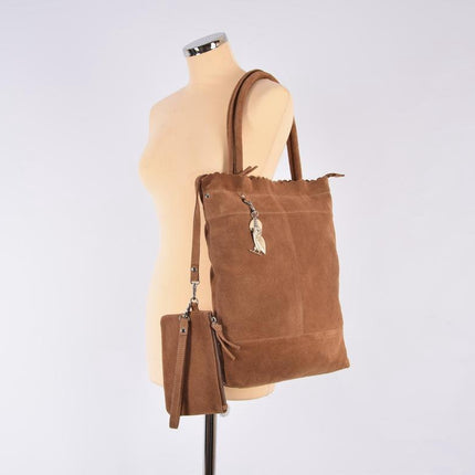 Suéde Shopper,Shopper met een sleutelhanger van 4EAST, Leer shopper met kleine portemonnee Suéde Akko 4east Bruin