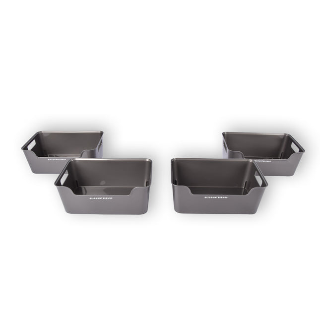 Vier Stijlvolle Grijze Opbergmanden Van Plastic: Compact, Lichtgewicht En Met Een Inhoud Van 1 Liter Per Mand. Perfect Formaat: 17,5cm x 27cm x 11cm.