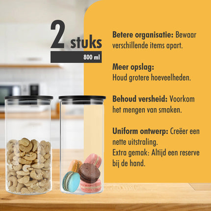 Glazen Voorraadbussen 800ML - Set van 2 | BPA-vrij & Vaatwasserbestendig | Luchtdichte Voorraadpotten met Bamboe Deksel 