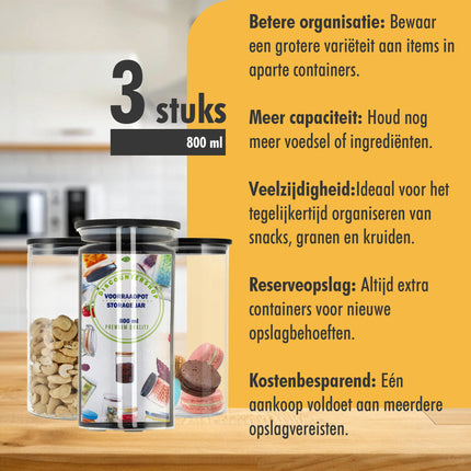 Glazen Voorraadbussen 800ML | BPA-vrij Luchtdicht & Vaatwasserbestendig | Set van 3 Voorraadpotten