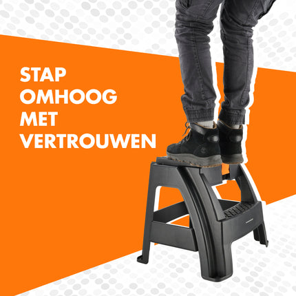 Opstapkruk met Opbergvak - Zwart/Oranje - Antislip, Handgreep, 120 kg - Keukenkruk, Trapje voor Caravan, Camper, Huis & Magazijn