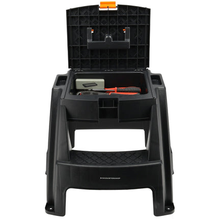 Opstapkruk met Opbergvak - Zwart/Oranje - Antislip, Handgreep, 120 kg - Keukenkruk, Trapje voor Caravan, Camper, Huis & Magazijn