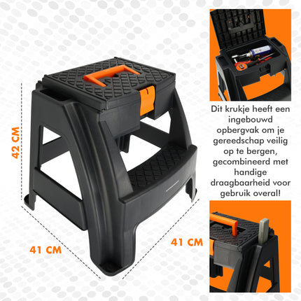Opstapkruk met Opbergvak - Zwart/Oranje - Antislip, Handgreep, 120 kg - Keukenkruk, Trapje voor Caravan, Camper, Huis & Magazijn