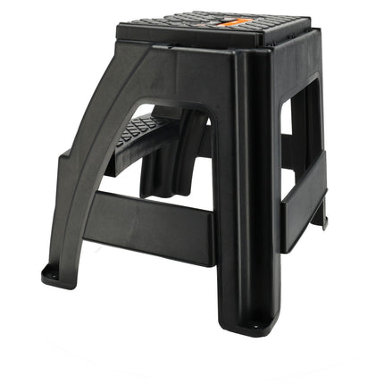 Opstapkruk met Opbergvak - Zwart/Oranje - Antislip, Handgreep, 120 kg - Keukenkruk, Trapje voor Caravan, Camper, Huis & Magazijn