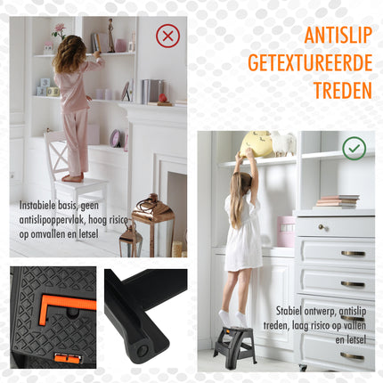 Opstapkruk met Opbergvak - Zwart/Oranje - Antislip, Handgreep, 120 kg - Keukenkruk, Trapje voor Caravan, Camper, Huis & Magazijn