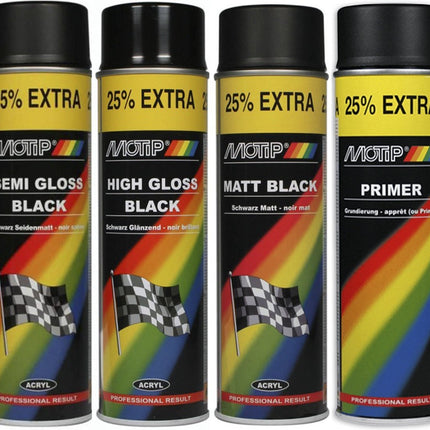 Spuitbus Lak Motip set 4 stuks - Spuitbus mat zwart verf Matt Black - Spuitbus zijdeglans zwart verf - Spuitbus hoogglans zwart verf - Spuitbus Grondverf Primer zwart verf of Grondverf met inhoud van 500ML